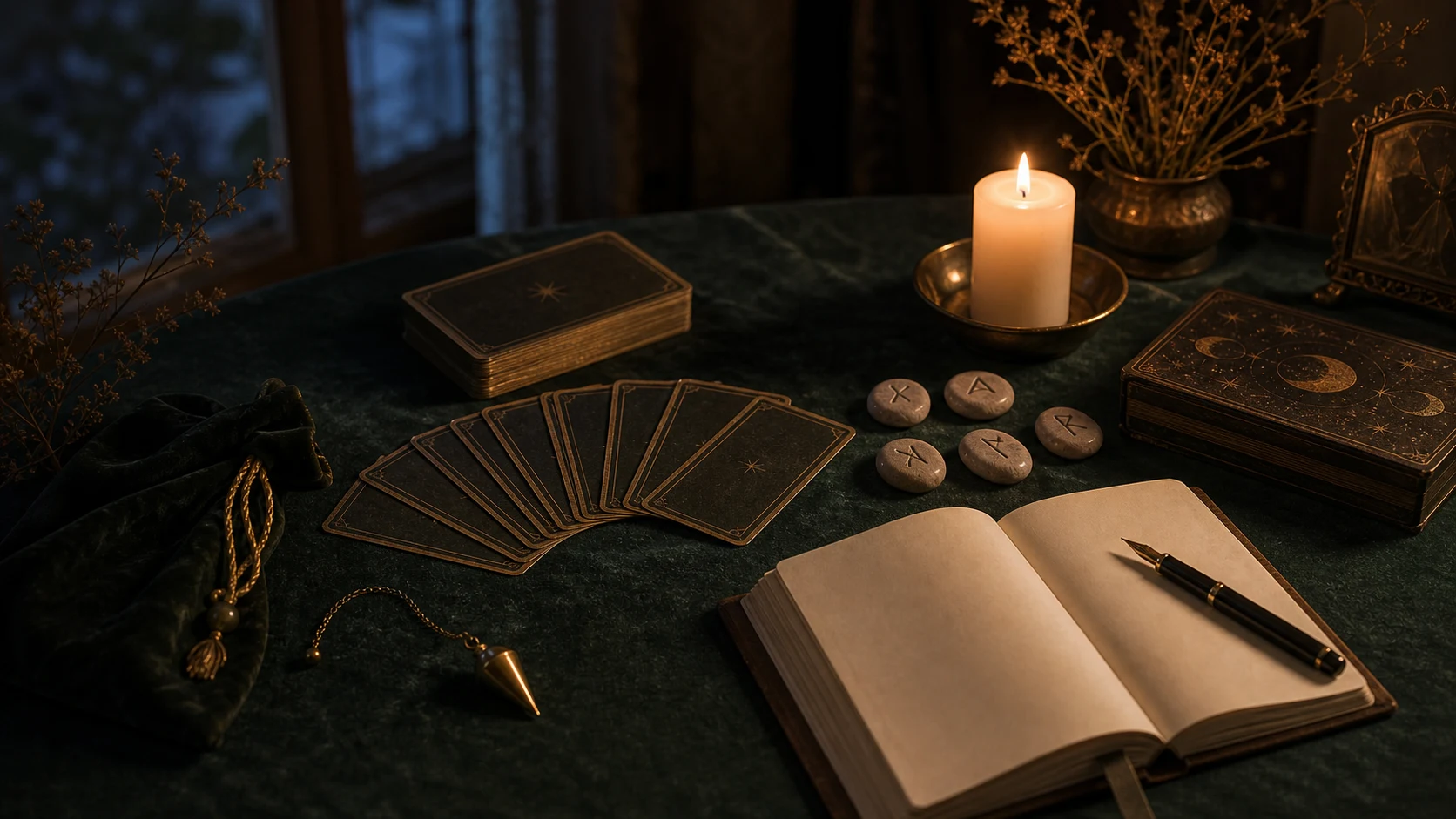 Cartes face cachée, pendule, runes sans inscriptions lisibles et journal sur une table sombre