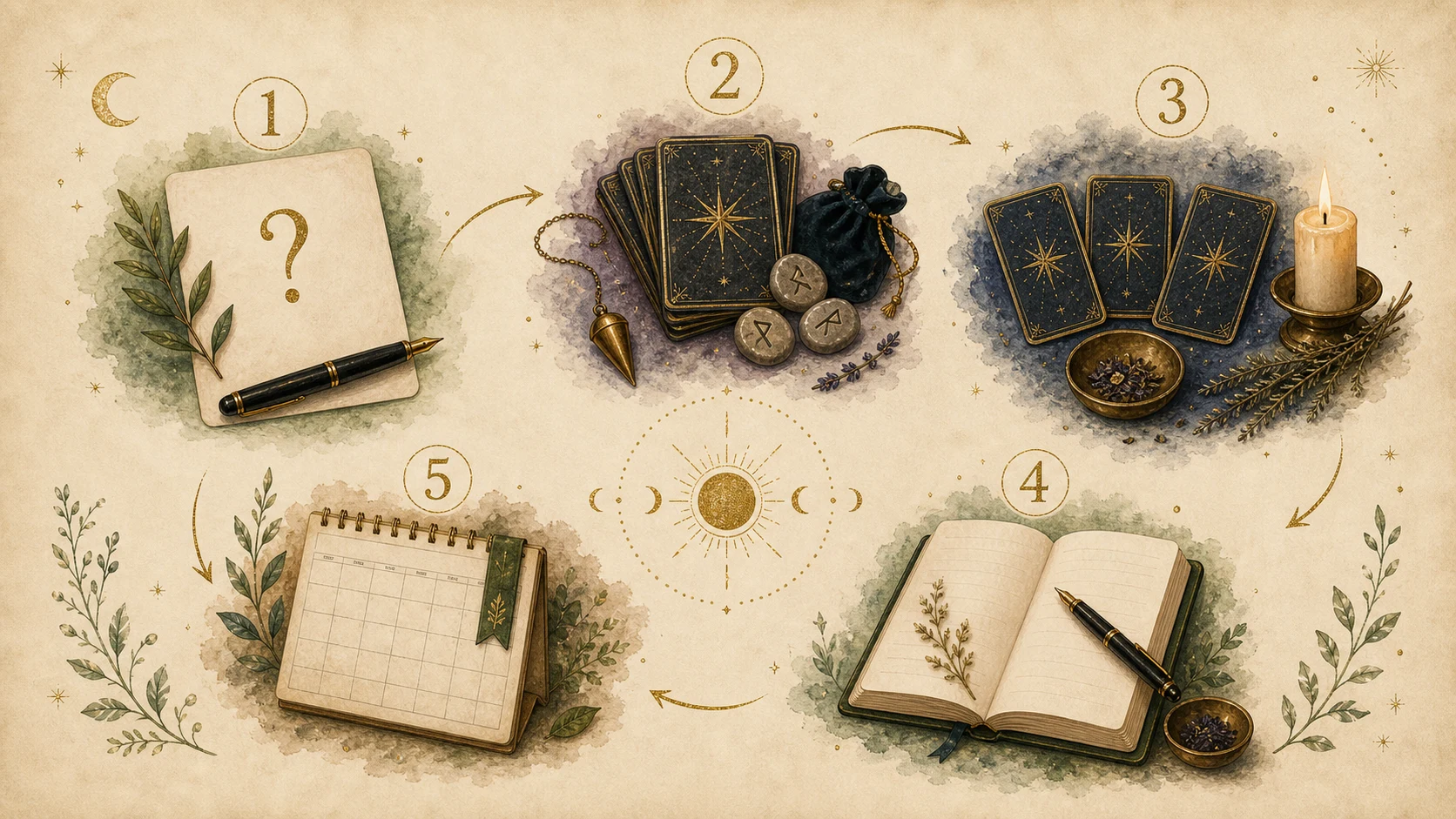 Carte illustrée en cinq étapes pour une lecture divinatoire avec journal