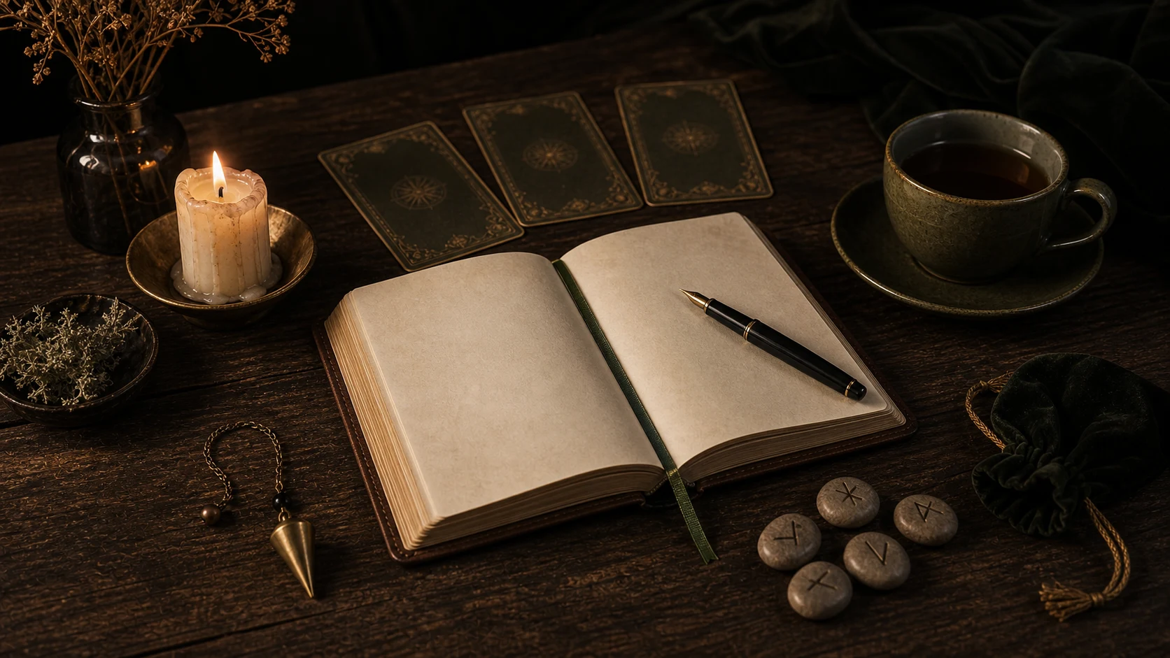 Journal de divination avec cartes face cachée, pendule, runes et tasse dans la pénombre