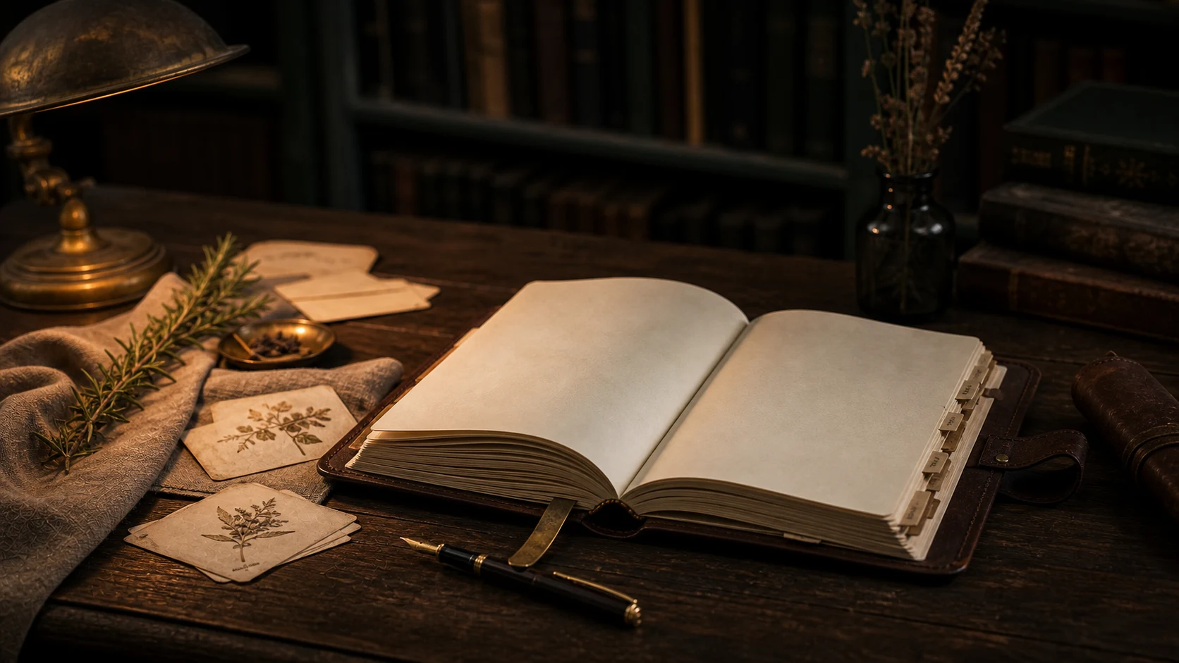 Grimoire ouvert sur pages vierges, fiches de classement, herbes pressées et plume