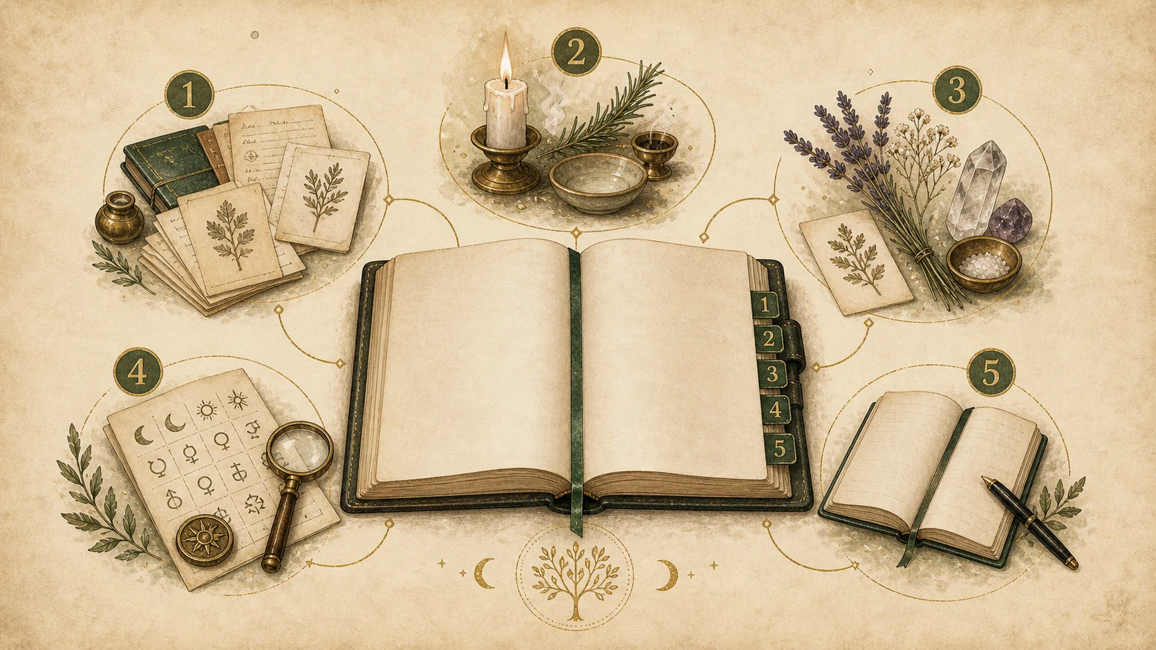 Carte illustrée en cinq sections pour organiser un grimoire