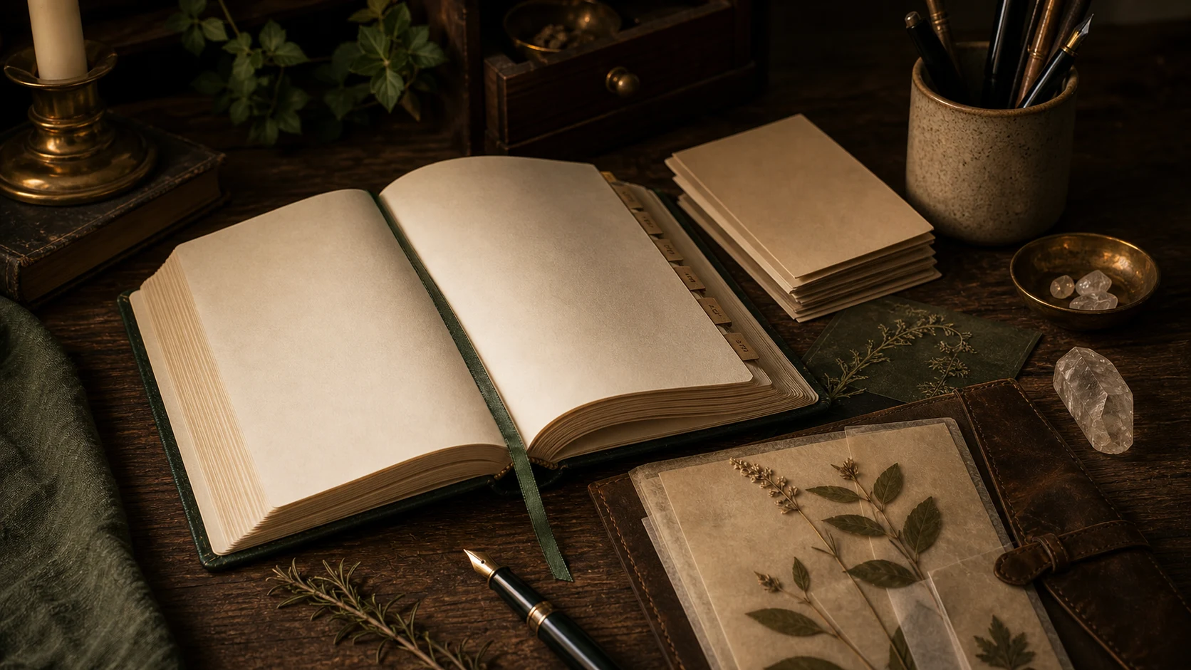 Grimoire de travail avec onglets, cartes vierges, plante pressée, cristal et stylo