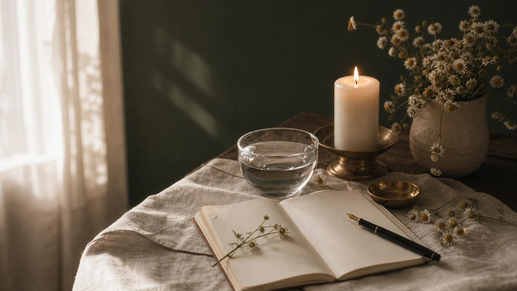 Bougie blanche, eau, camomille et carnet ouvert sur une table claire