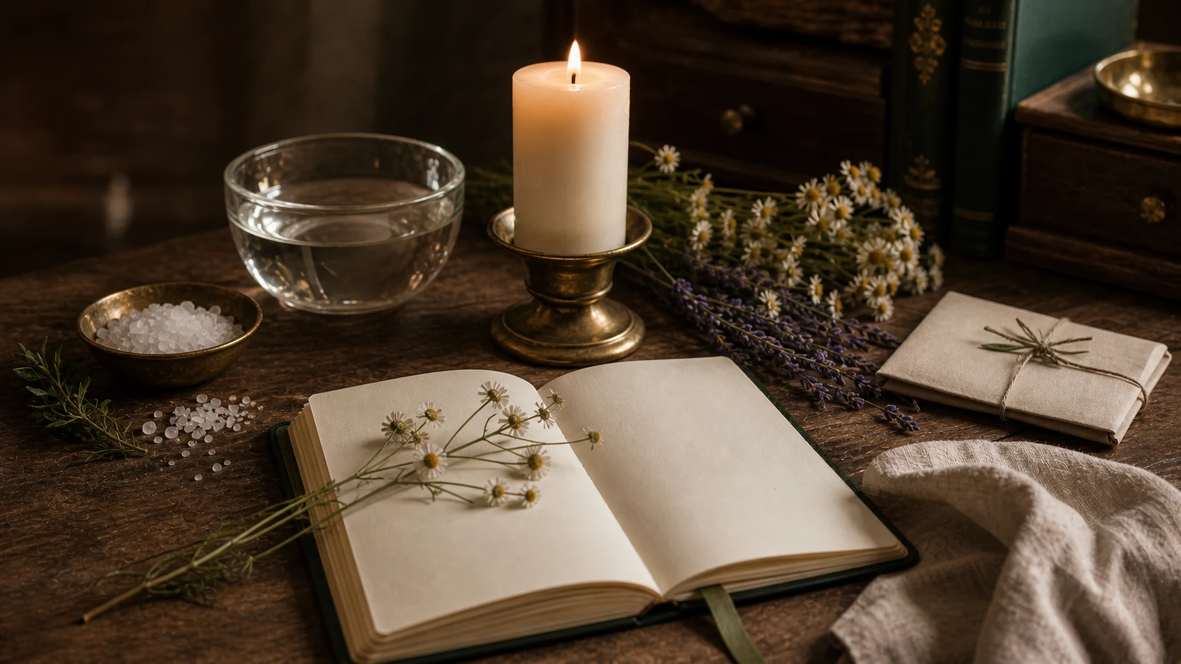 Bougie blanche, bol d’eau, sel, fleurs et grimoire ouvert sur une table sobre