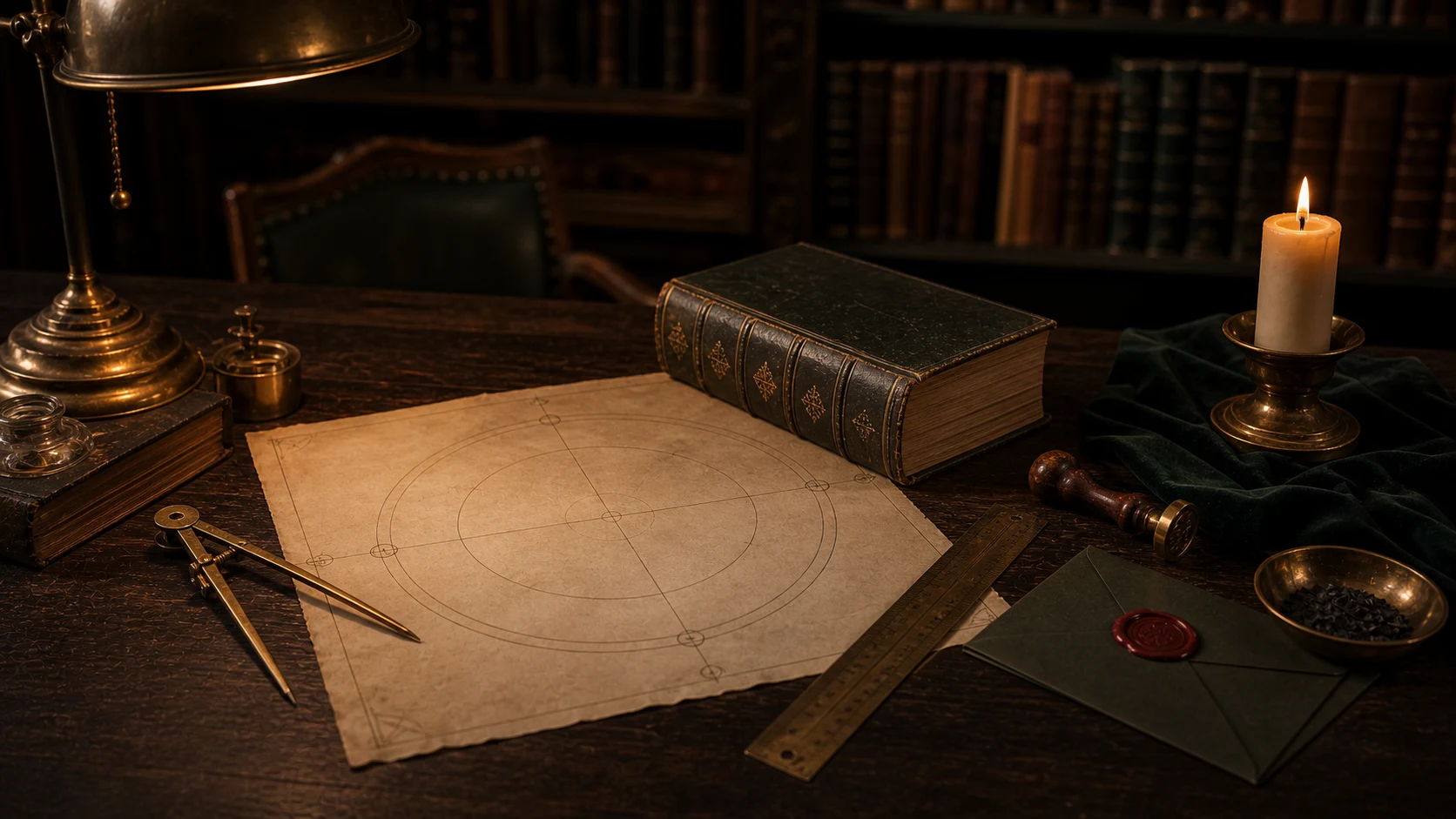 Table d’étude cérémonielle avec compas, parchemin circulaire vierge, livre fermé et cire