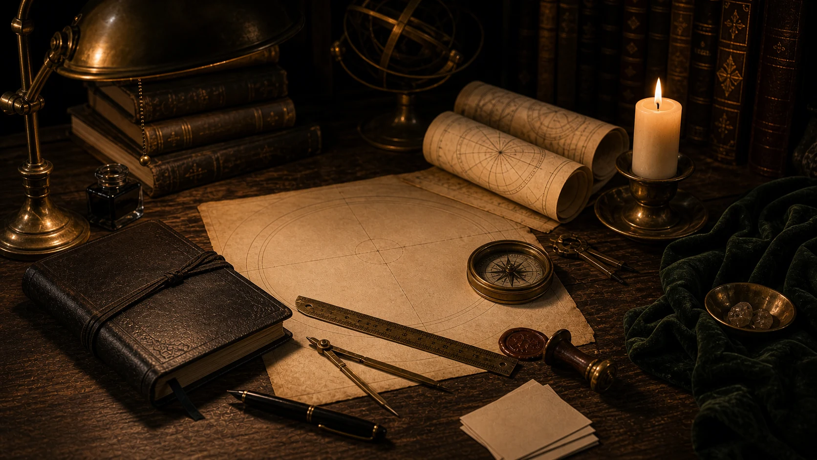 Compas, règle, cercle abstrait sur parchemin, livre ancien fermé et bougie