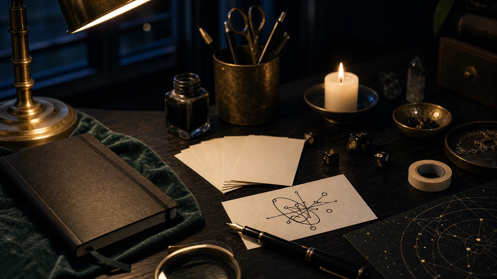 Bureau moderne avec cartes vierges, sigil abstrait, dé, plume noire, bougie et carnet fermé