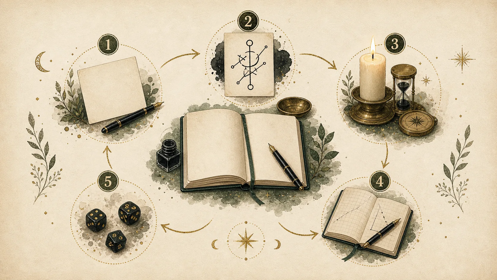 Carte illustrée en boucle pour comprendre intention, sigil, carnet et relecture