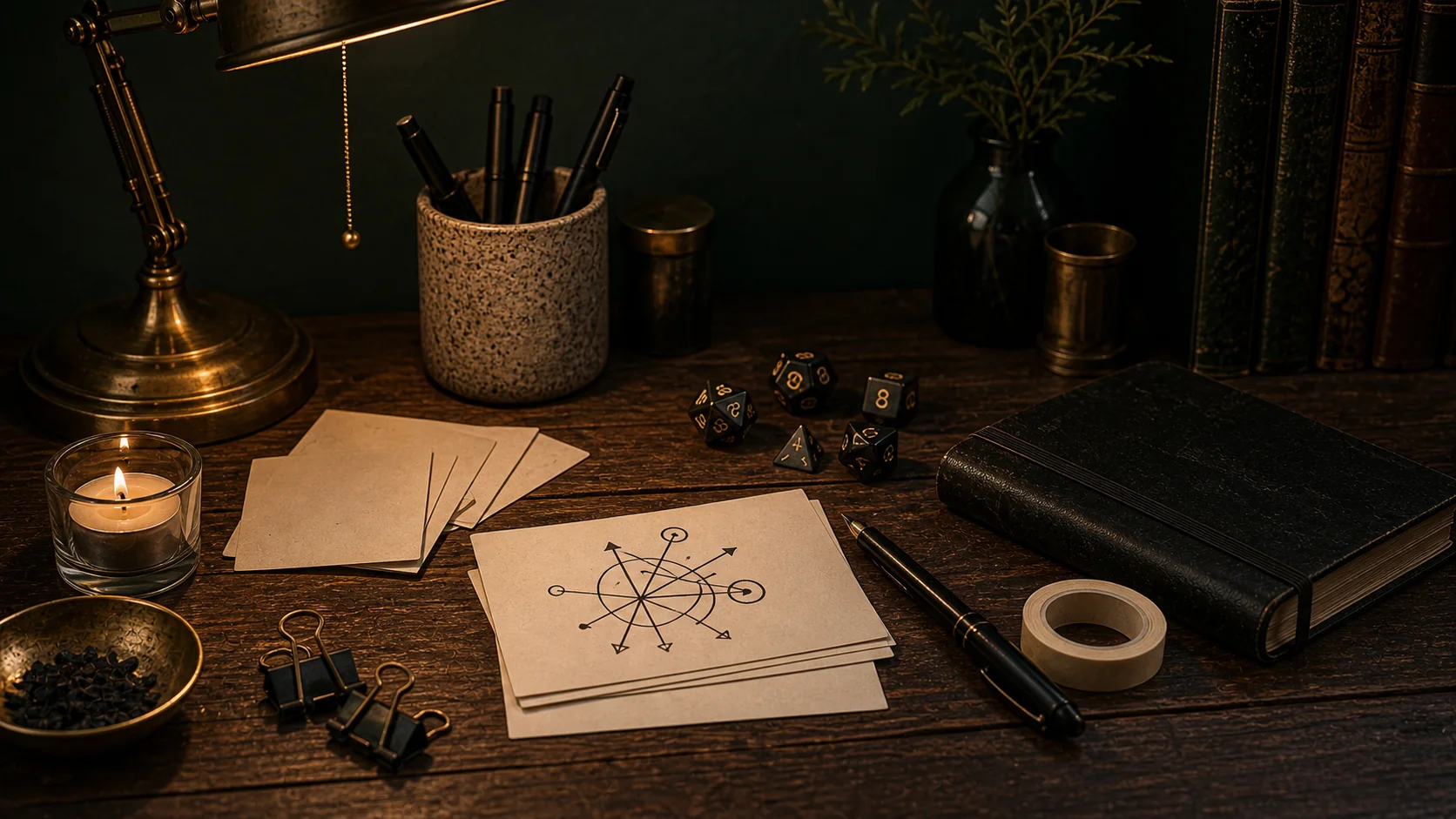 Cartes vierges, sigil abstrait, dé, plume, ruban adhésif et carnet sur une table sombre