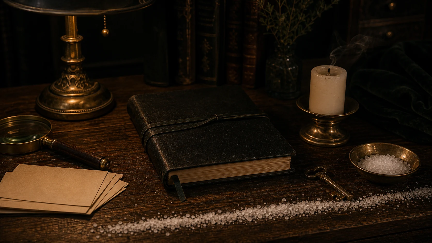 Livre sombre fermé, ligne de sel, bougie éteinte, clé et loupe dans une lumière chaude