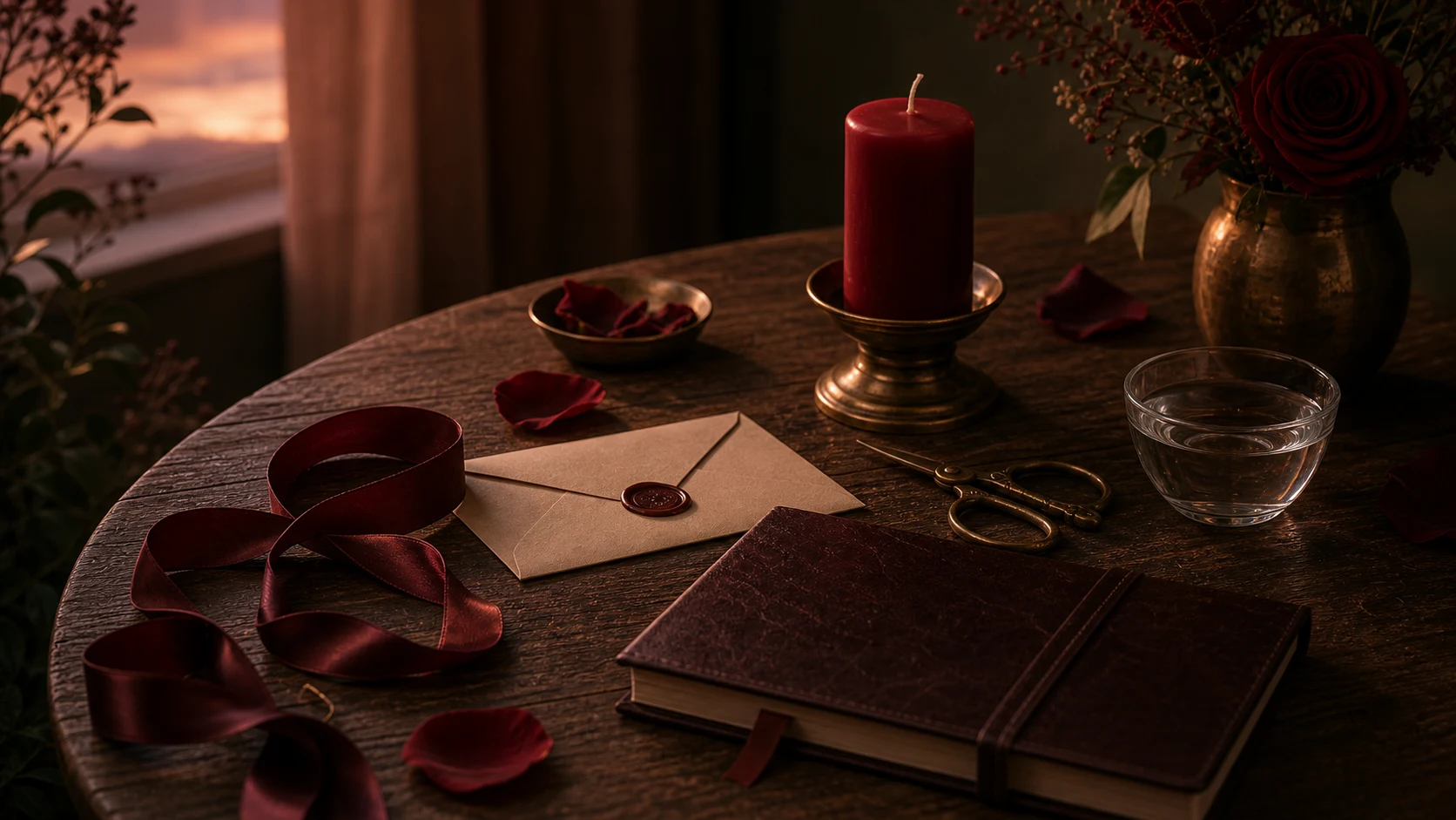 Bougie rouge, ruban dénoué, pétales de rose, bol d’eau et carnet fermé