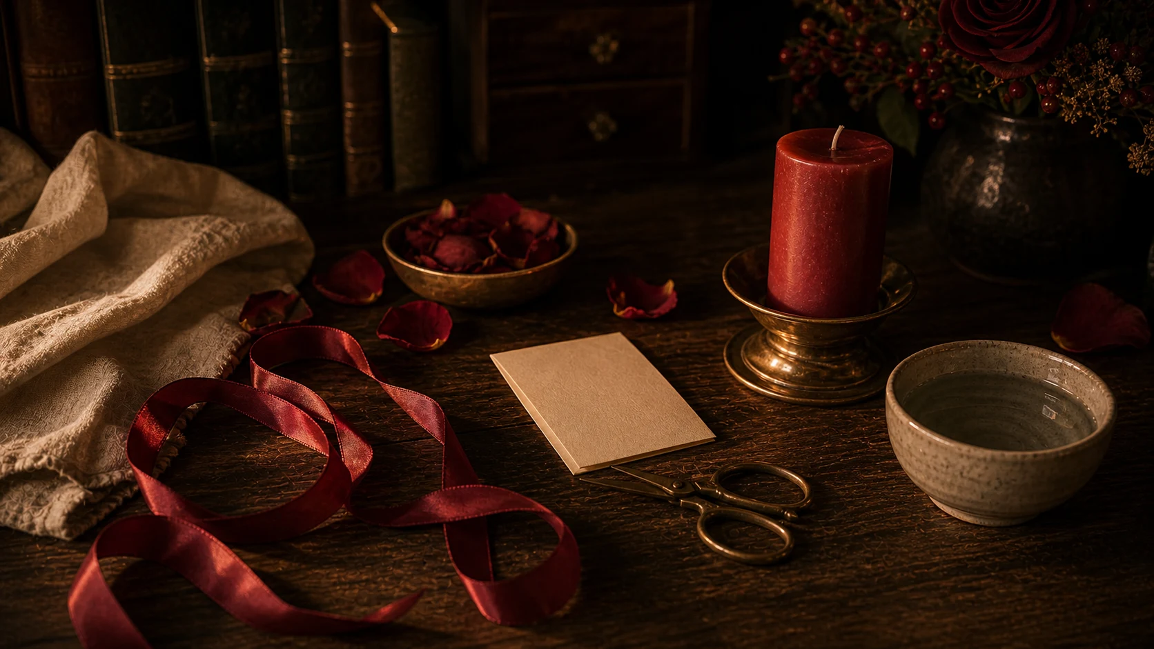 Ruban rouge dénoué, ciseaux fermés, rose, note vierge, bougie rouge et bol d’eau
