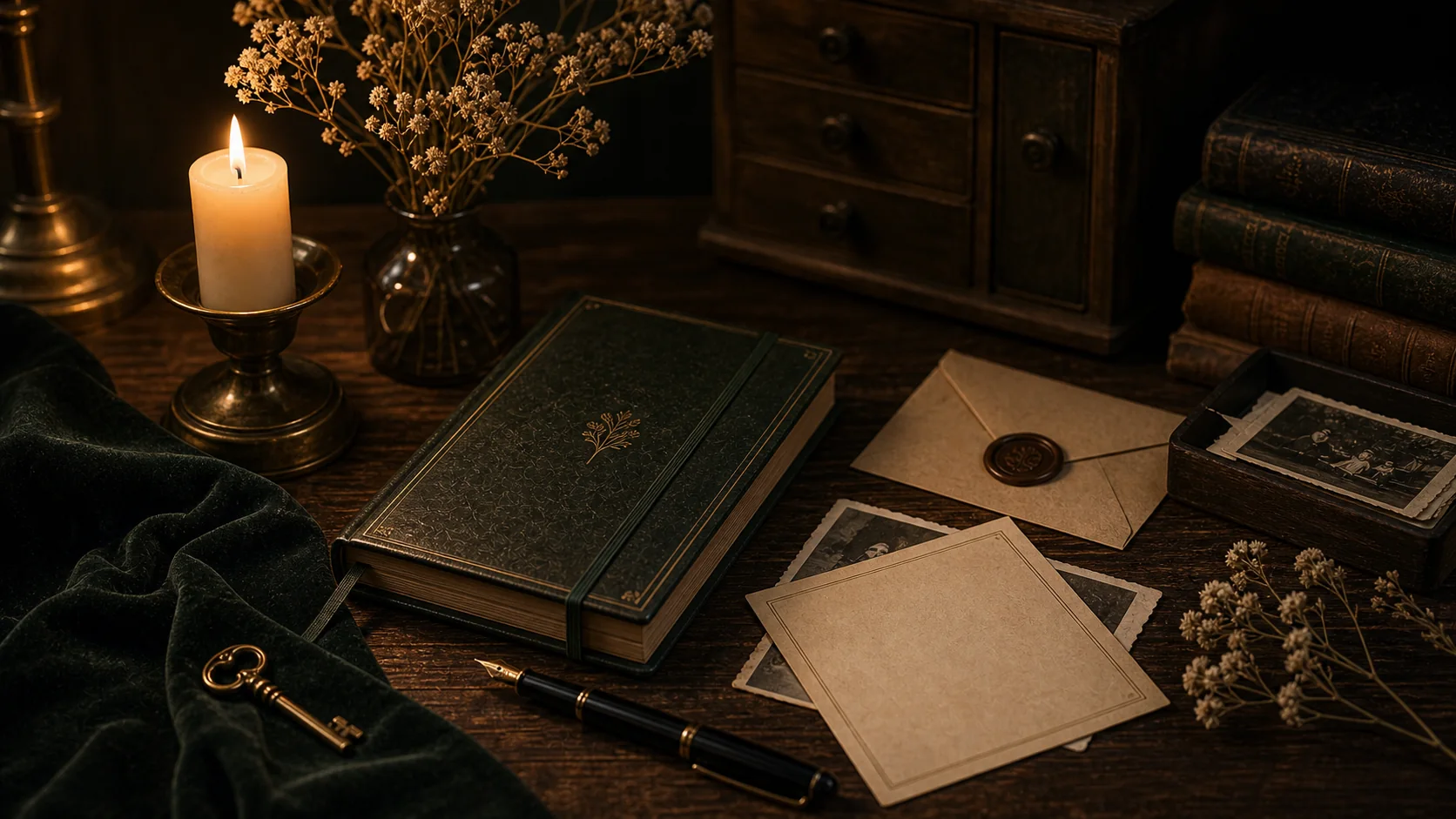Archive de mémoire avec carnet fermé, fleurs blanches séchées, enveloppe scellée, clé et bougie