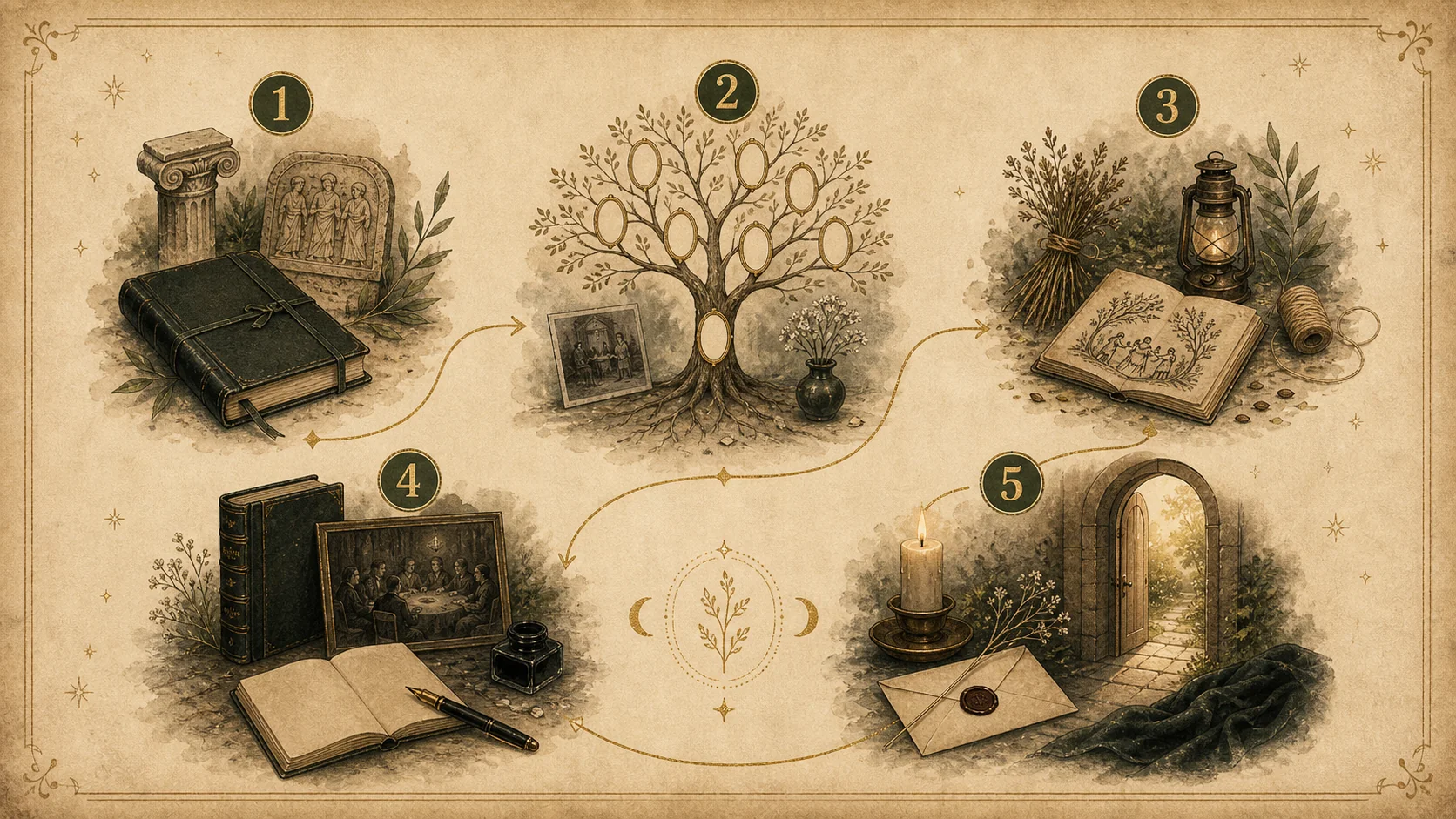 Carte illustrée en cinq repères pour lire la nécromancie sous un angle culturel
