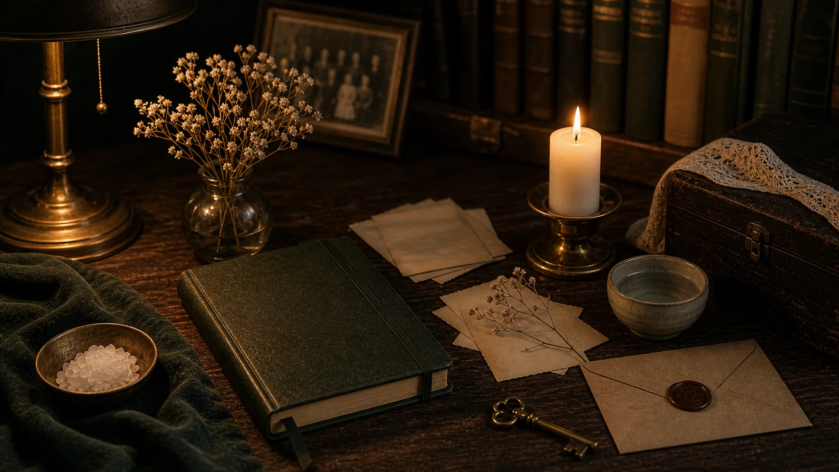 Table d’archive avec carnet fermé, fleurs blanches, enveloppe, bol d’eau et bougie