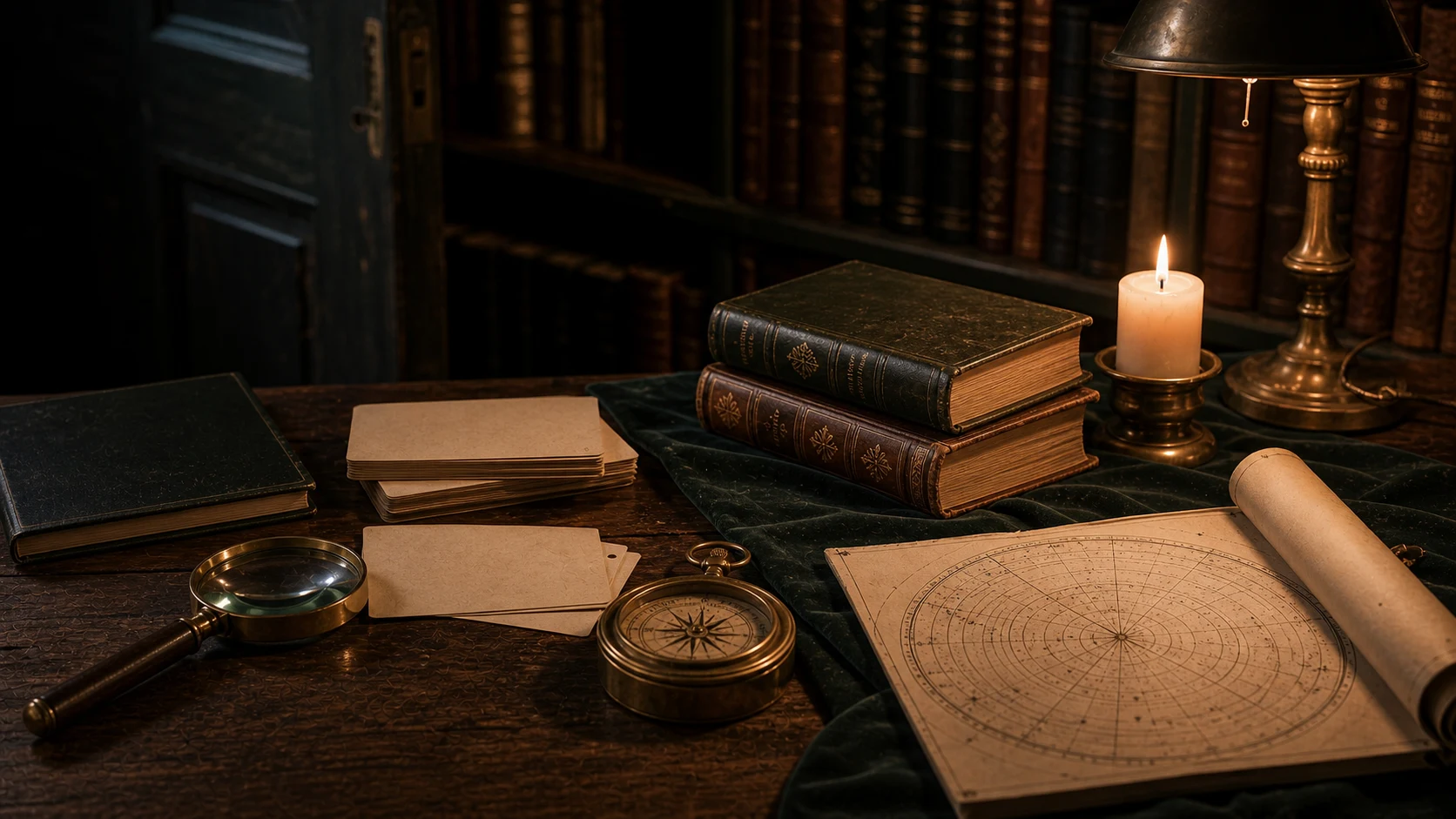 Bibliothèque d’occultisme avec livres fermés, boussole, loupe, chandelle et cartes vierges
