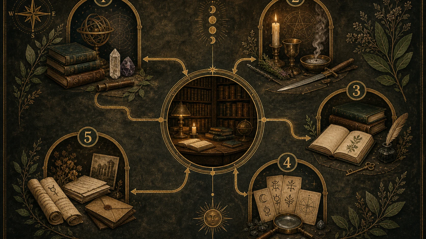 Carte illustrée de l’occultisme avec cinq portes de lecture et objets de bibliothèque