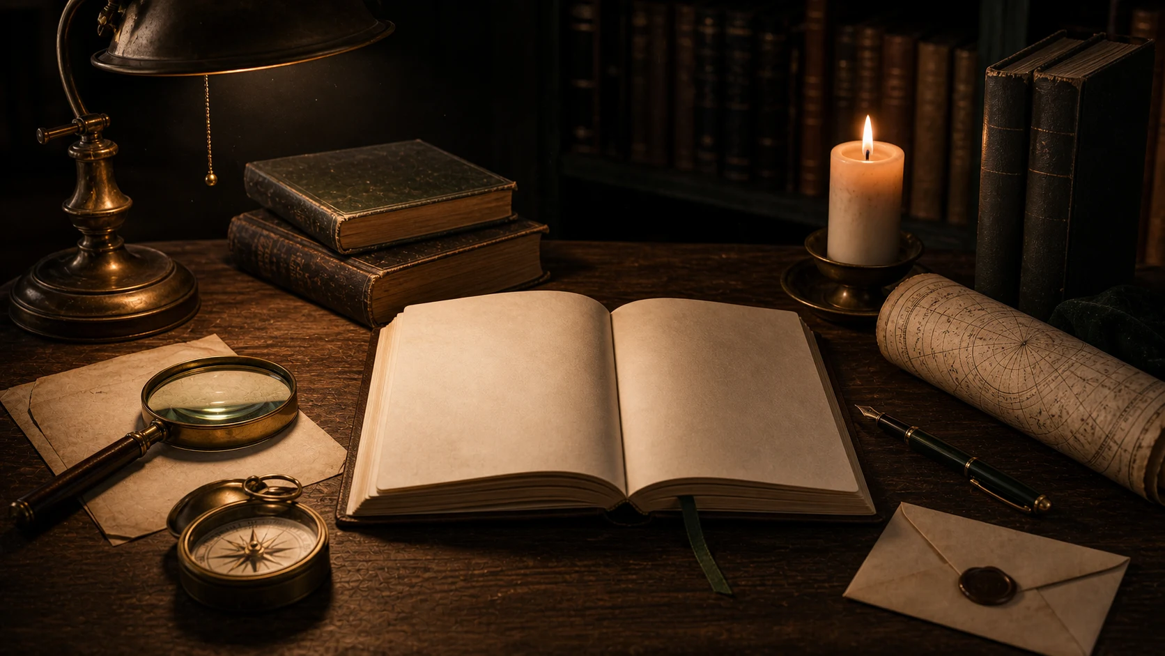 Bureau de recherche occultiste avec loupe, boussole, carte céleste vierge et livres fermés