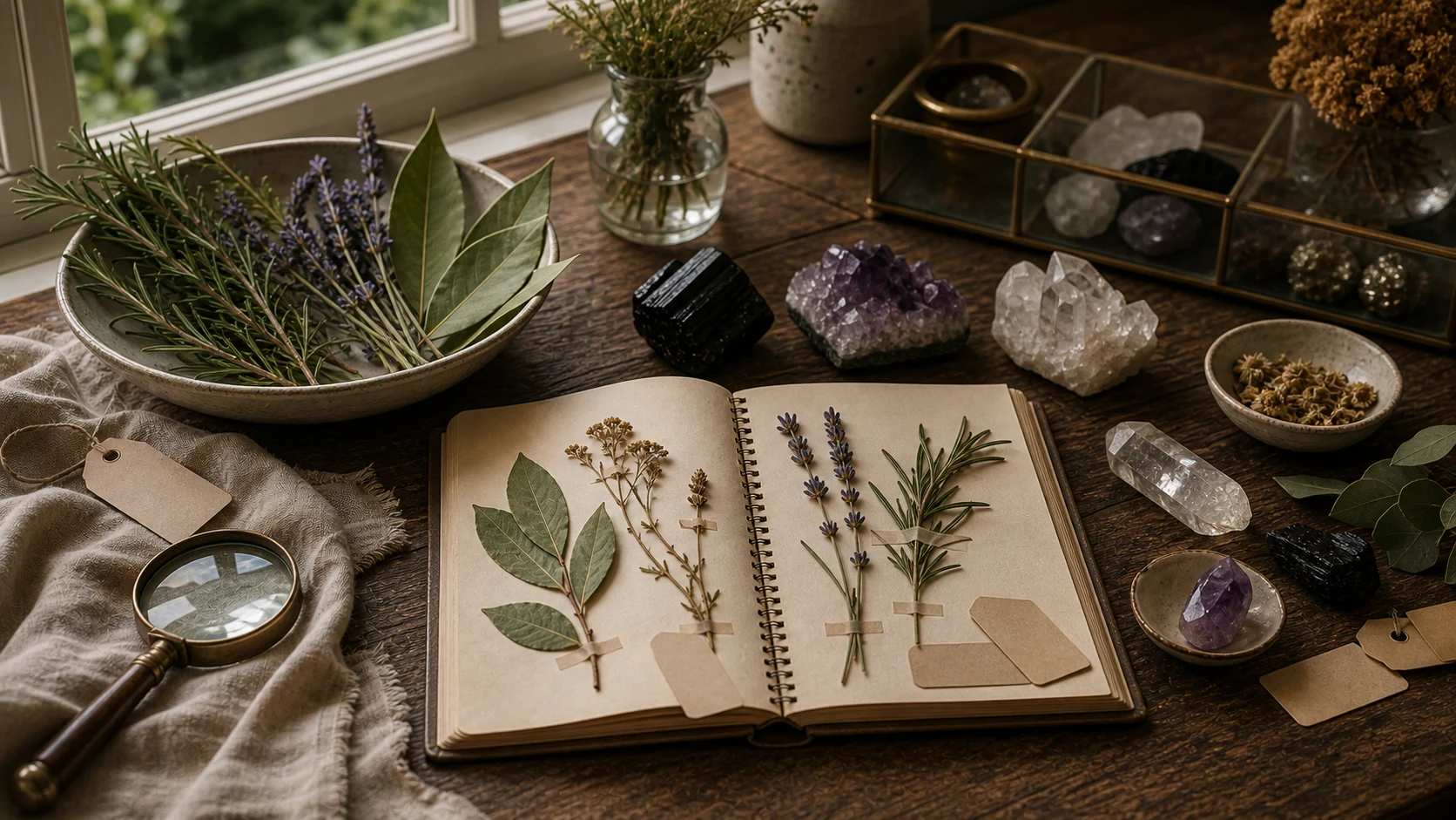 Herbier, romarin, lavande, laurier, améthyste, quartz et tourmaline noire sur une table botanique