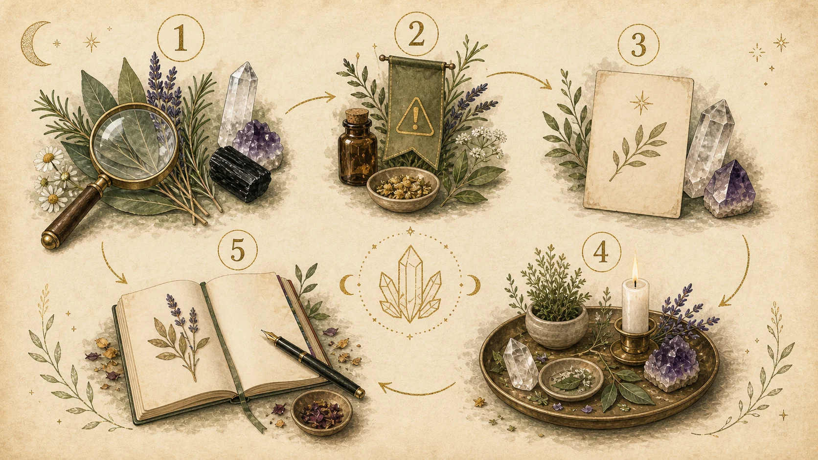 Carte illustrée en cinq étapes pour utiliser plantes et cristaux avec prudence