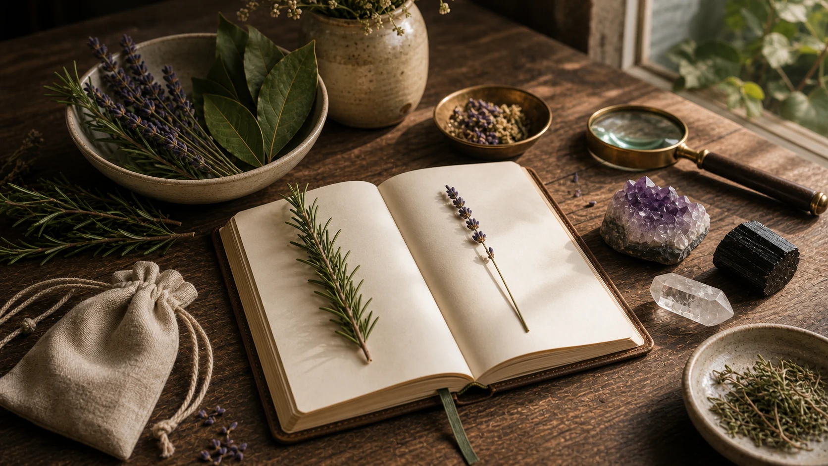 Carnet d’herbier avec romarin, lavande, laurier, quartz, améthyste et tourmaline
