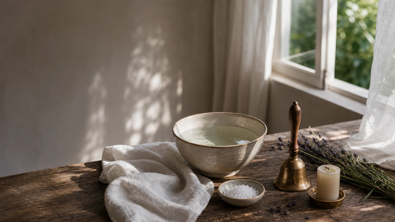 Table de purification près d’une fenêtre ouverte avec eau, sel, lavande, cloche et linge blanc