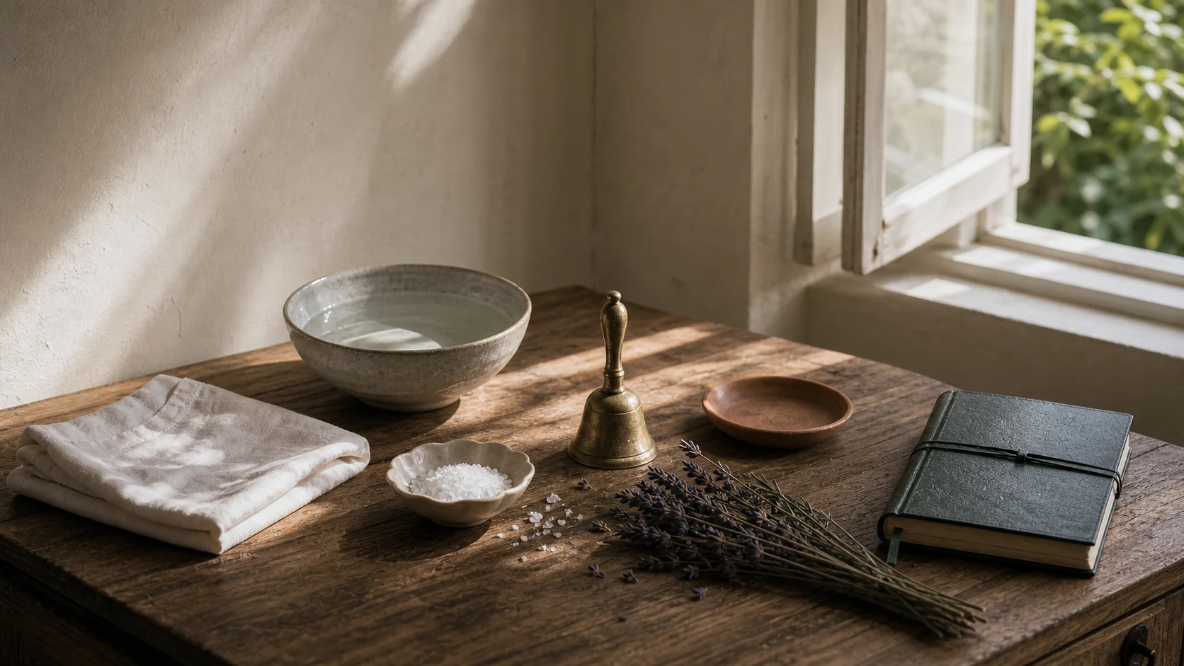Table dégagée avec bol d’eau, sel, cloche, lavande et carnet fermé