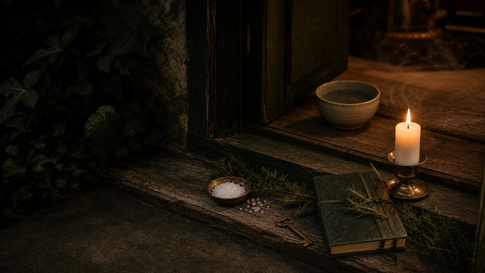Seuil de maison avec bougie blanche, sel, romarin, clé et grimoire fermé
