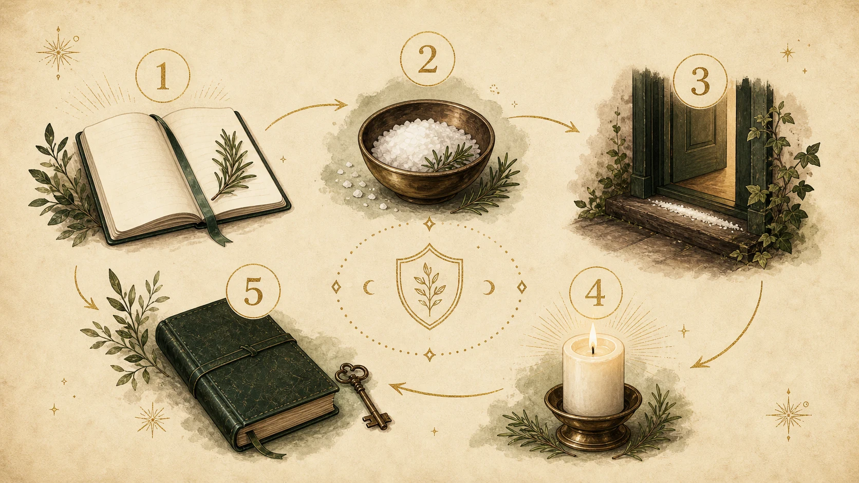 Carte illustrée en cinq étapes pour un rituel de protection symbolique