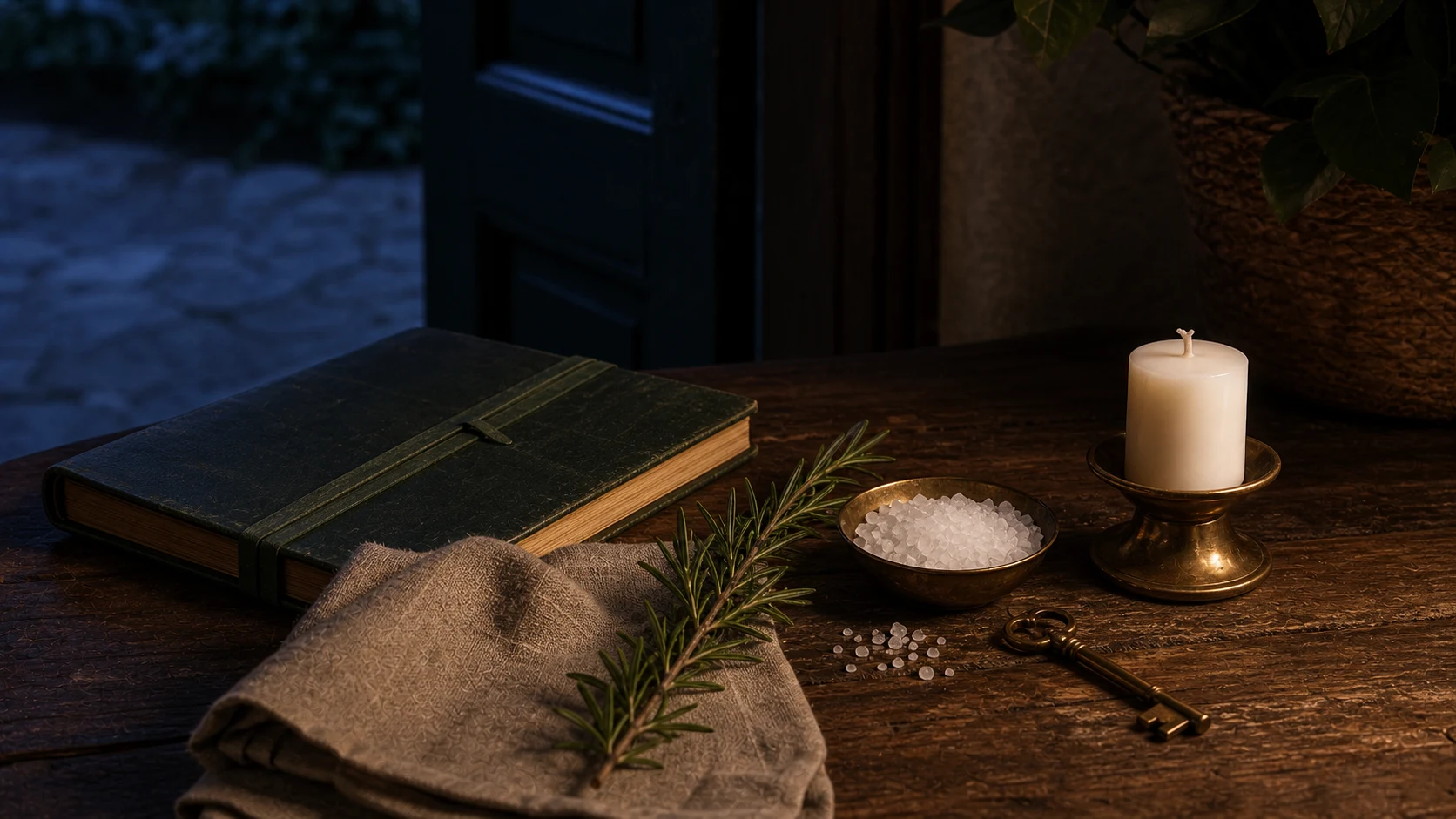 Table de préparation avec grimoire fermé, sel, romarin, clé et bougie blanche