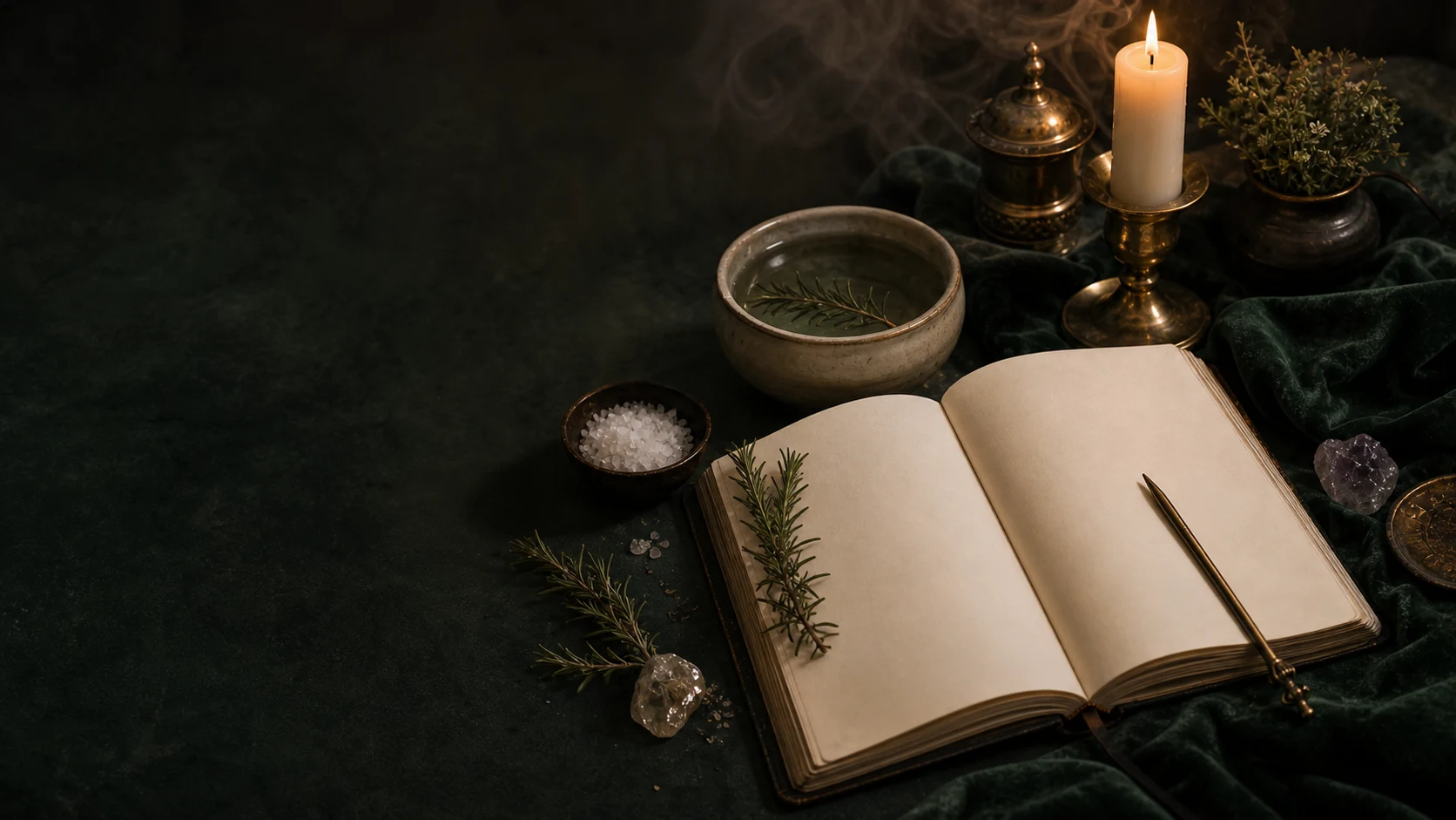 Carnet rituel ouvert, bougie, bol d’eau, sel et romarin sur une table vert nuit