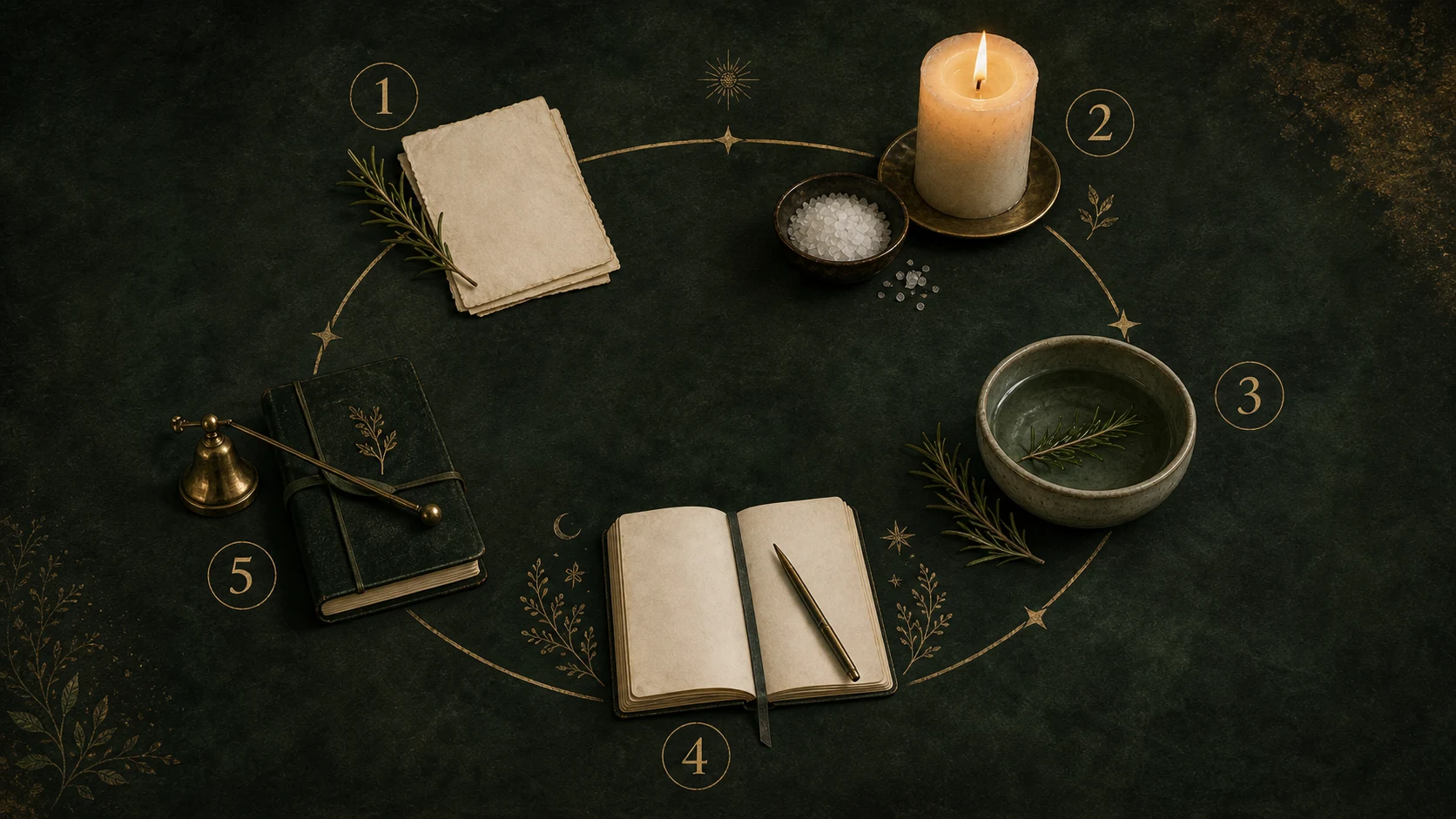Parcours visuel en cinq étapes avec carte d’intention, bougie, eau, carnet et clôture du rituel