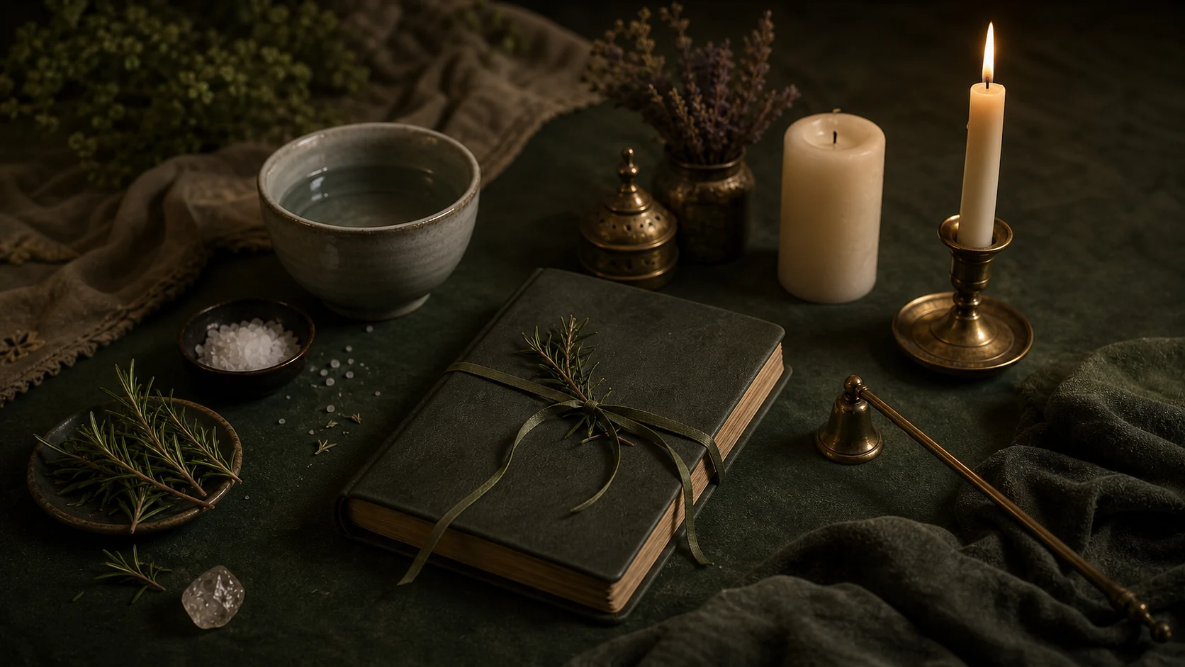Carnet fermé, eau, sel, romarin, bougie et éteignoir avant un rituel simple