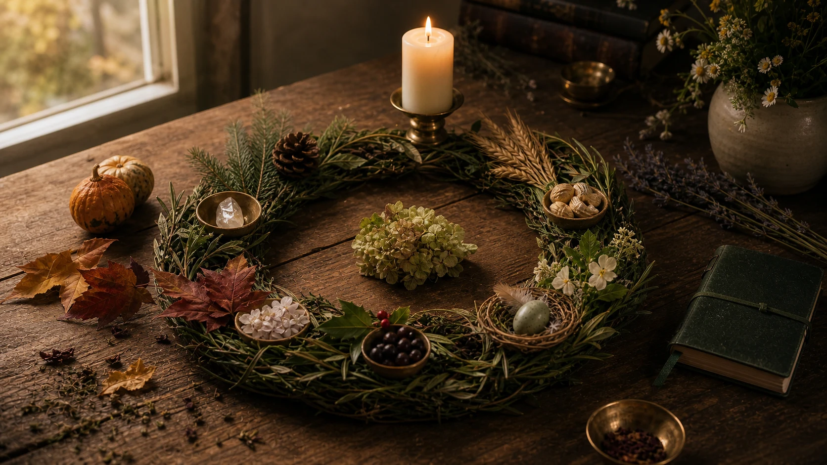 Couronne saisonnière avec huit repères naturels, carnet et bougie sur une table