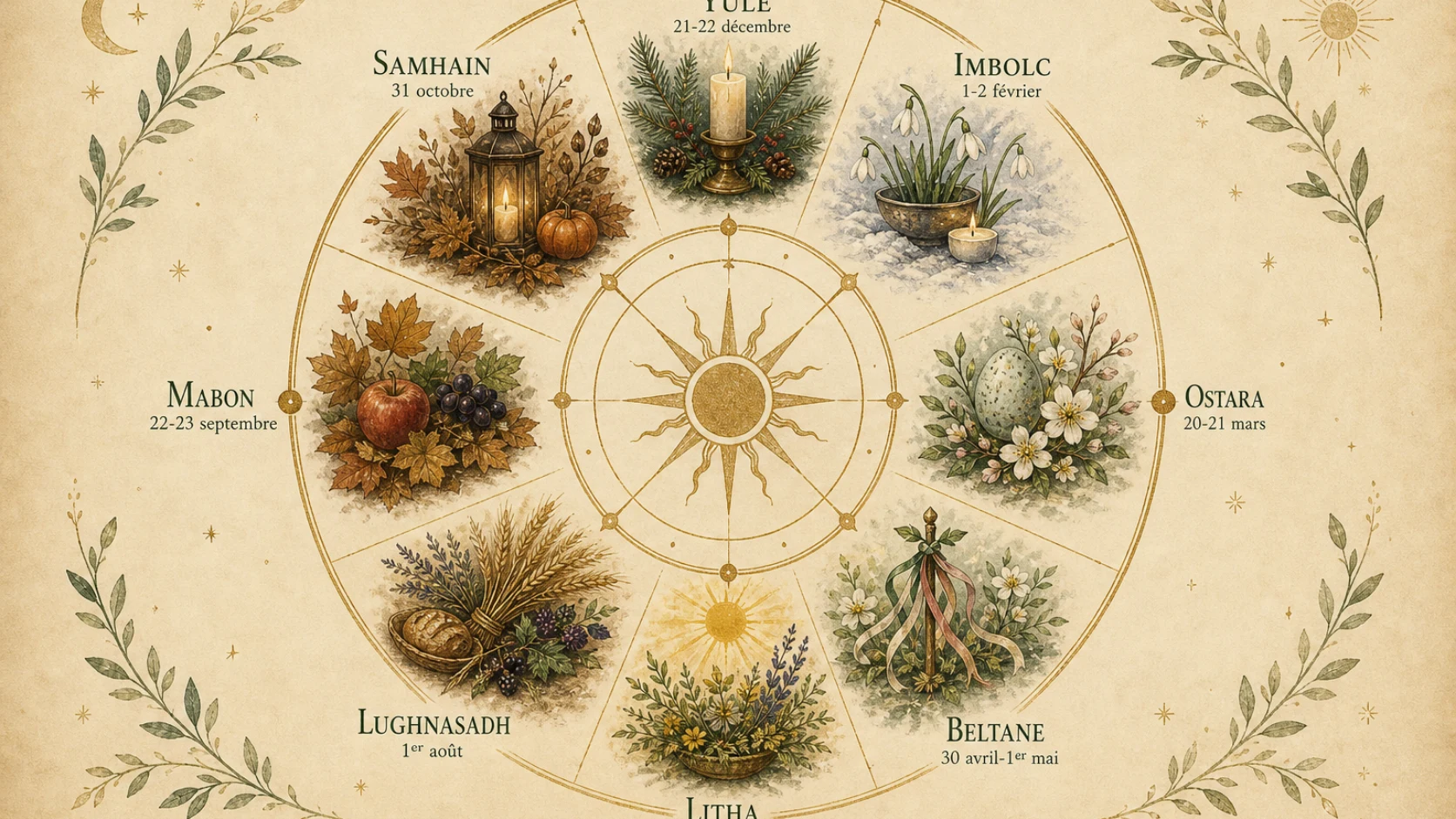 Roue de l’année illustrée avec les huit sabbats et leurs symboles saisonniers
