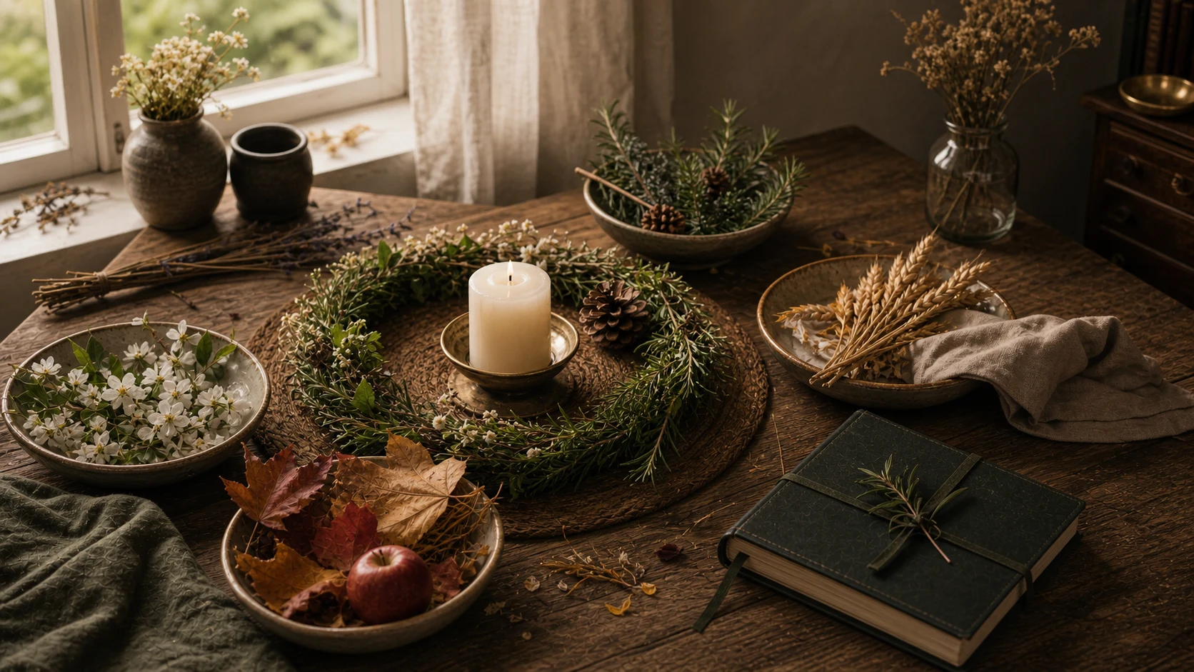 Table saisonnière avec quatre ensembles naturels pour les cycles de l’année