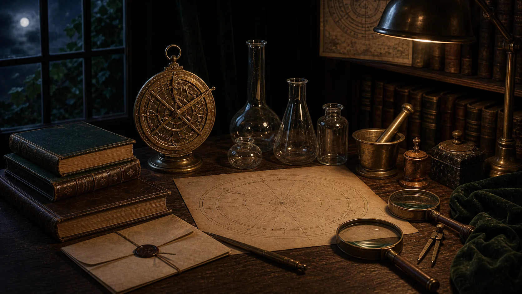 Table d’étude avec astrolabe, verrerie vide, livres fermés, carte céleste vierge et compas
