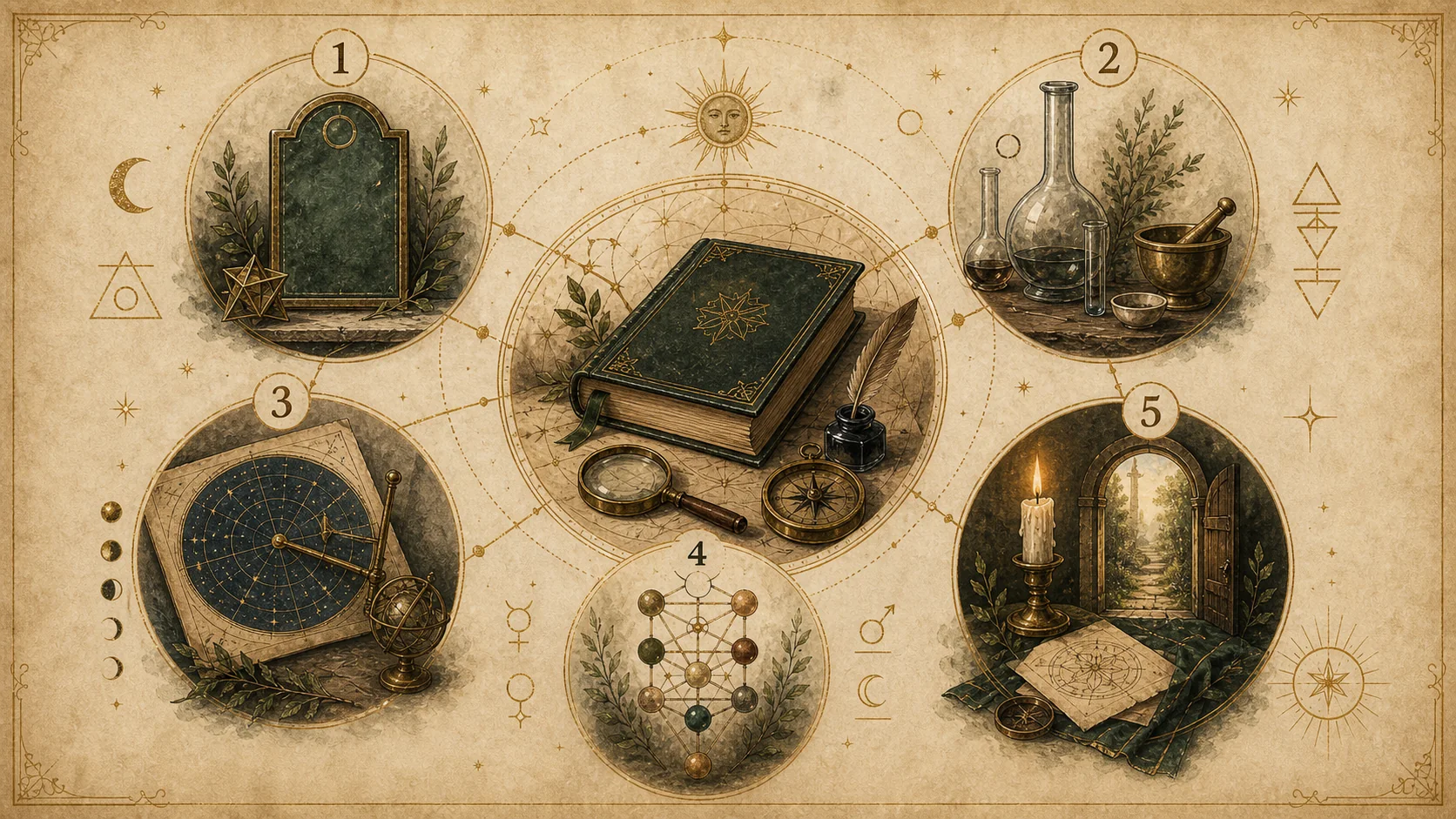 Carte illustrée des sciences occultes avec cinq champs symboliques reliés