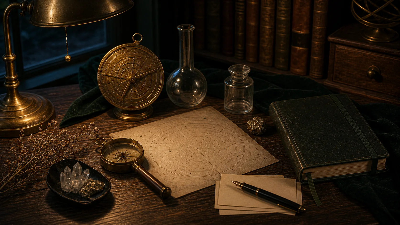 Bureau d’étude avec compas, instrument astronomique, verrerie propre, carte céleste vierge et livre fermé