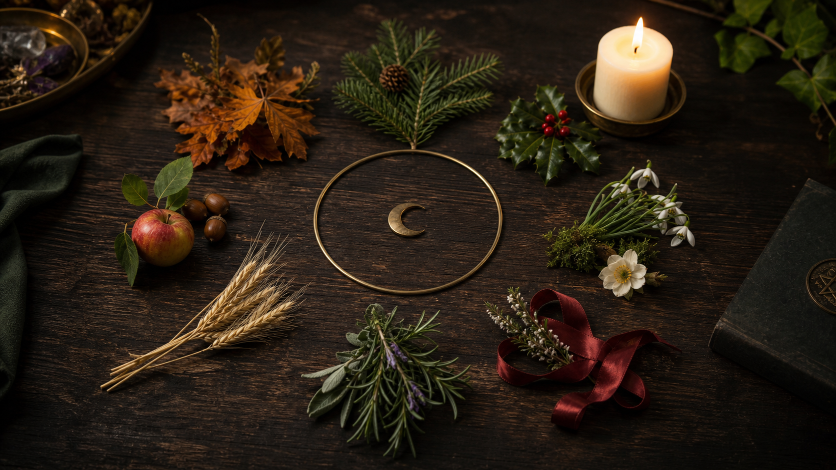 Roue de l’année wiccane en nature morte avec éléments saisonniers disposés en cercle
