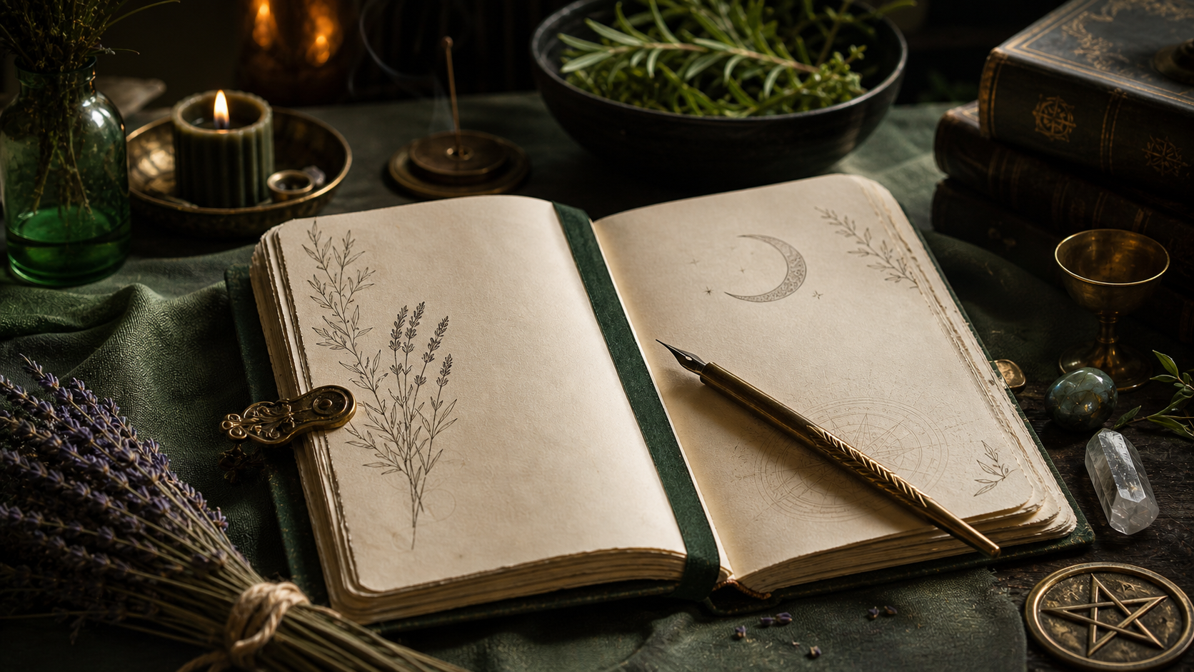 Livre des Ombres ouvert avec plume, plantes, bougie, cristaux et pentacle