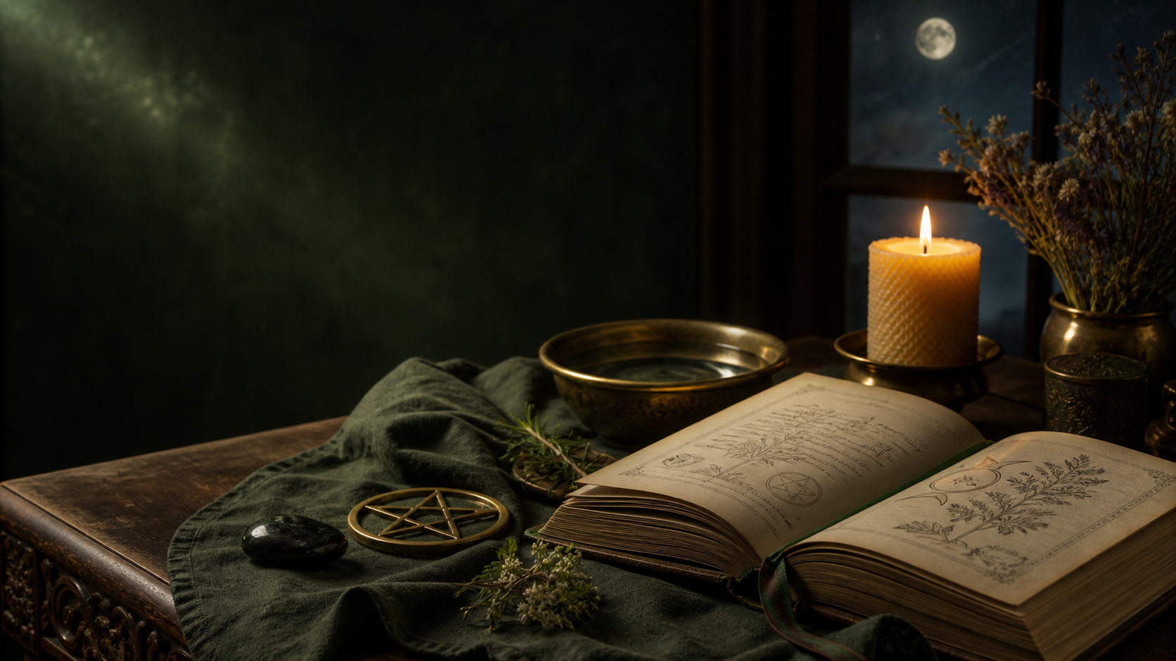 Autel wiccan sobre avec grimoire ouvert, bougie, bol d’eau, plantes, pierre noire et pentacle en laiton