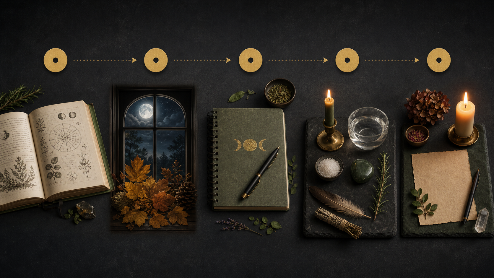 Plan visuel de découverte de la Wicca avec livre, observation des saisons, carnet, autel simple et bougie rituelle